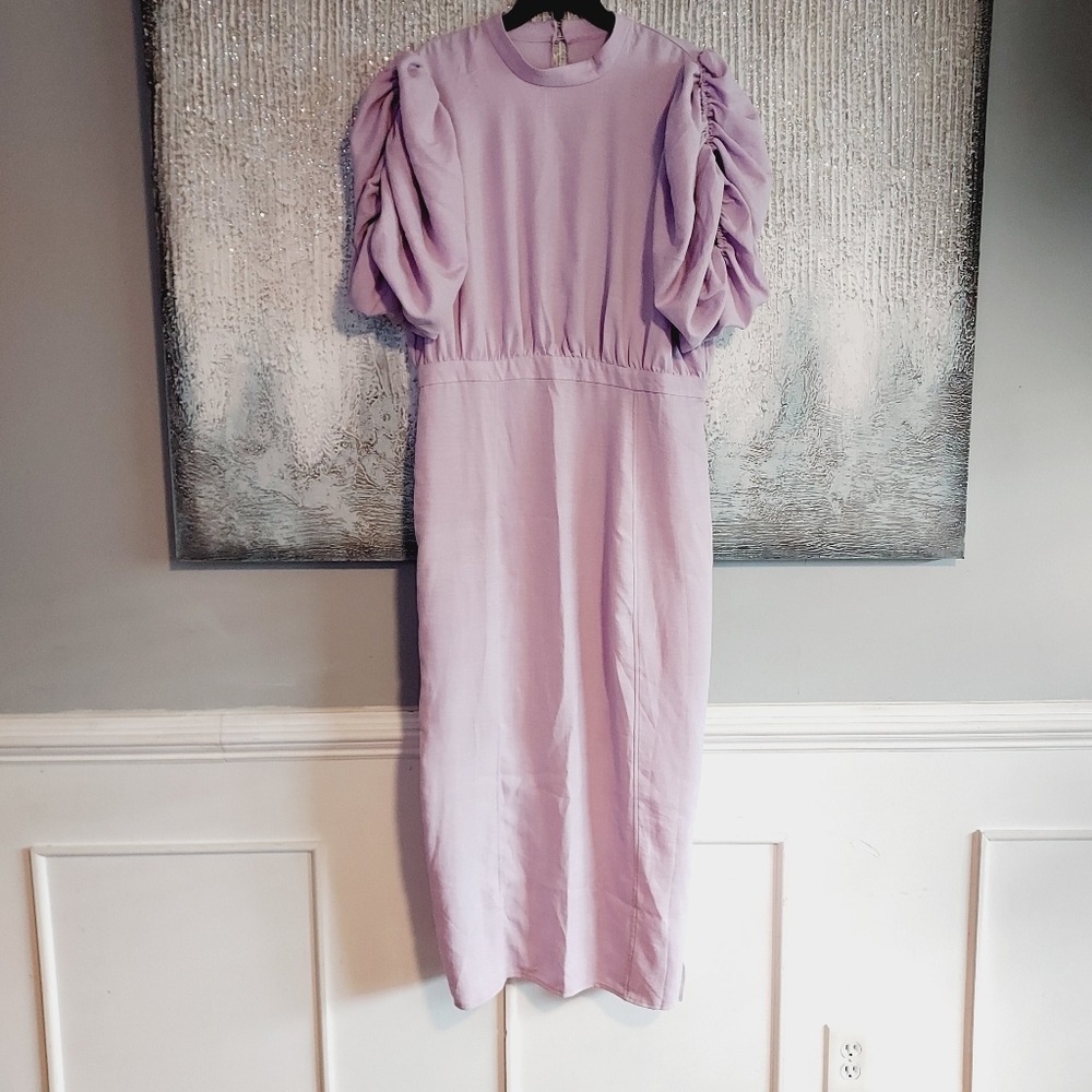 ASOS Lilac Midi Dress with Ruched Puff Sleeves